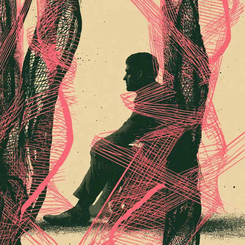 Dark Academia style surreal portrait of a man sitting against textured abstract background