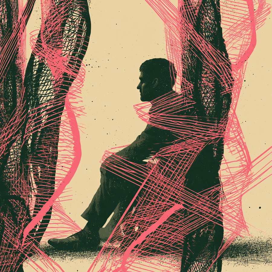 surreal digital artwork of a man sitting with his knees up surrounded by black and pink abstract textures on a beige background