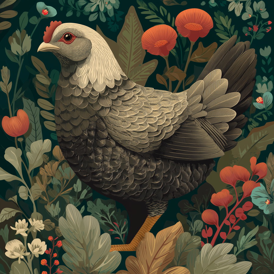 Digital artwork of a detailed chicken with layered feathers standing among various flowers and leaves in earthy and dark tones