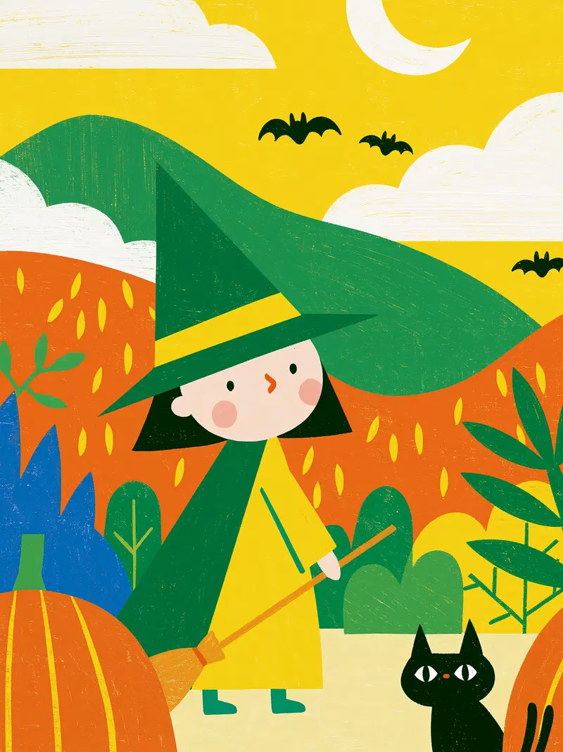 Colorful Halloween-themed Printable Wall Art with Witch and Cat