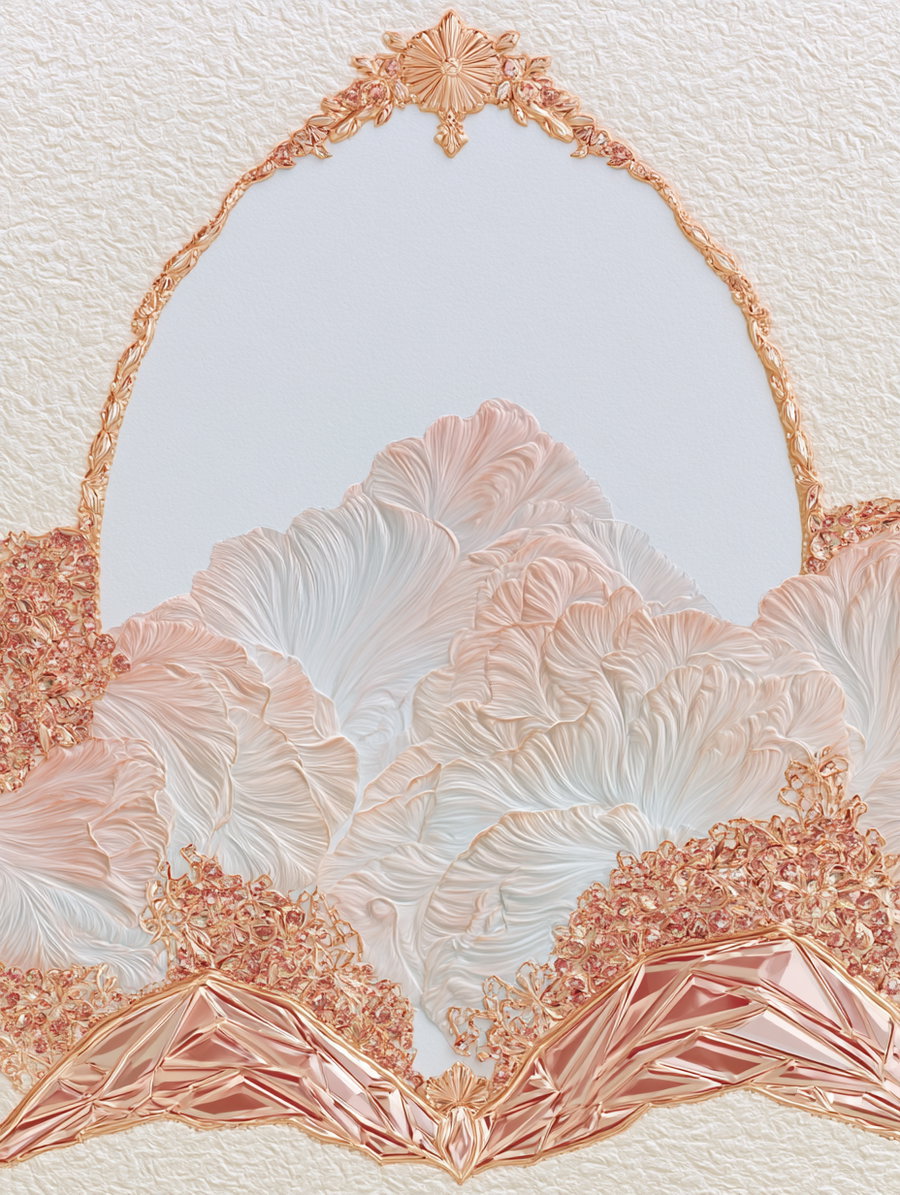 Abstract textured artwork featuring soft pink and white floral shapes with metallic rose gold decorative elements on a light background
