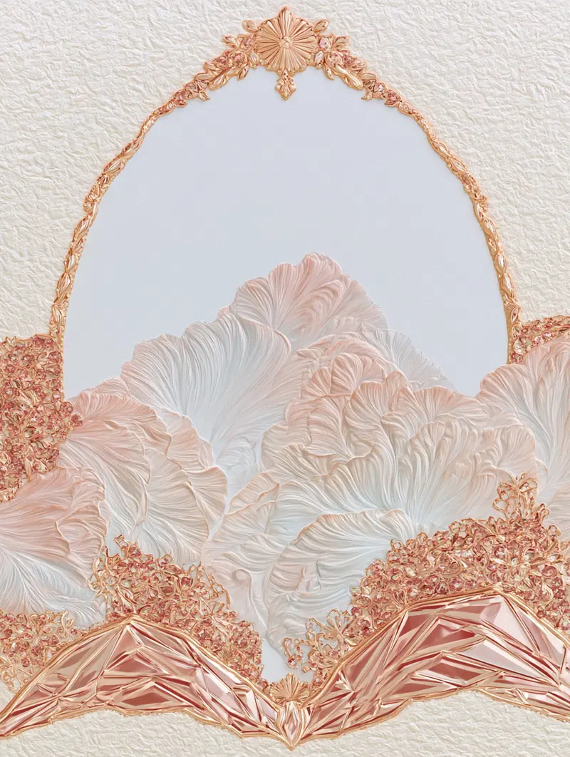 Elegant abstract artwork with soft pastel floral textures and rose gold accents