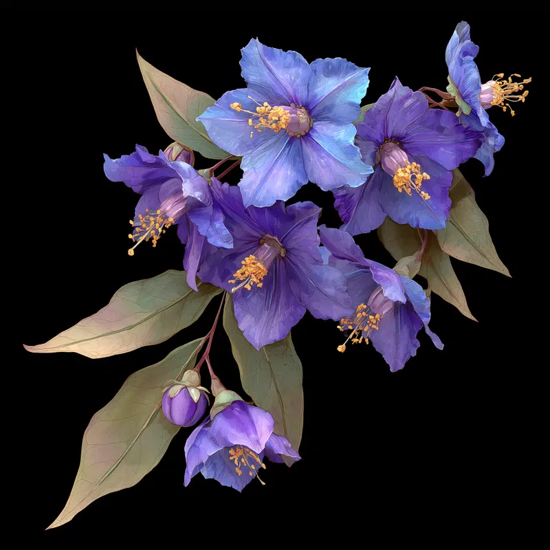 Delicate purple and blue flowers with green leaves on black background