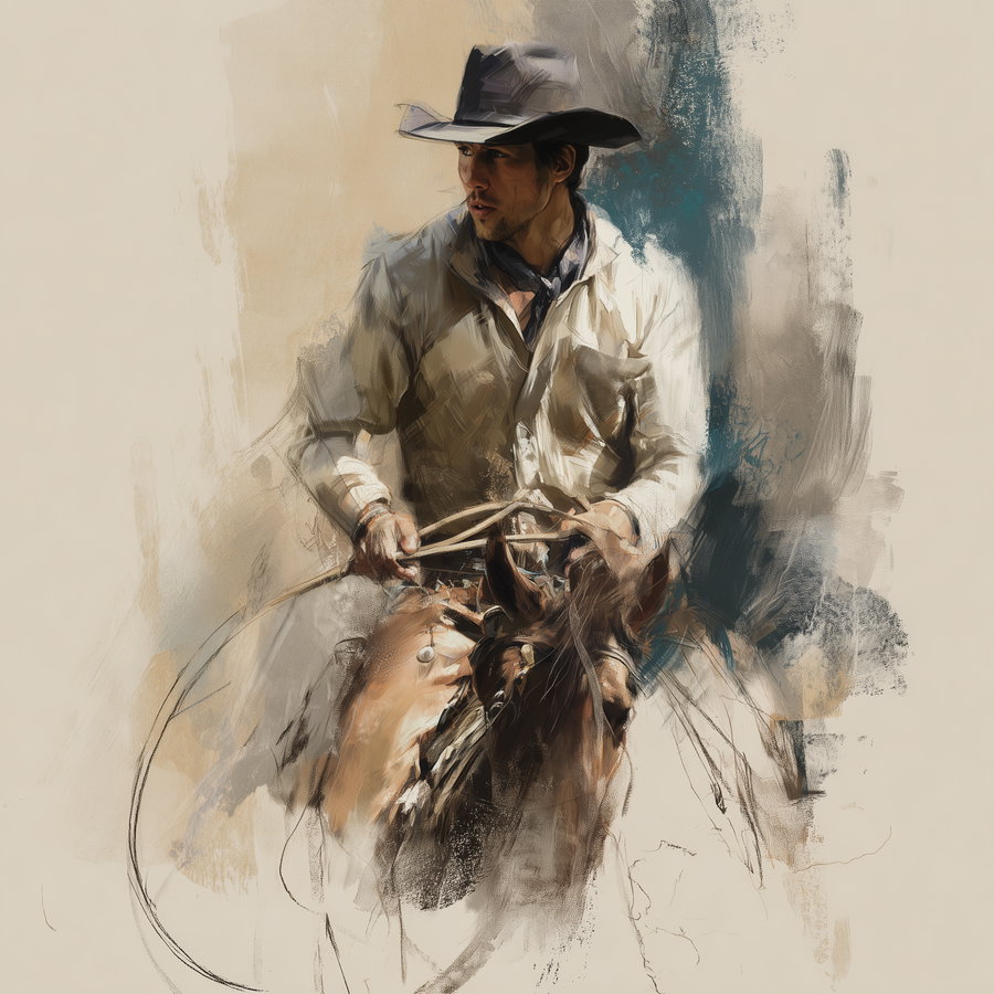 Painting of a man in a cowboy hat and shirt holding a lasso while riding a horse, with abstract brush strokes and muted beige and blue tones in the background