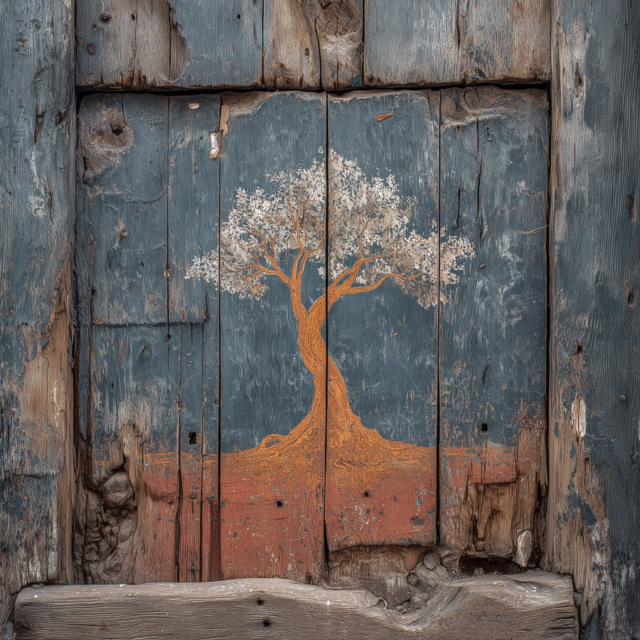 A painted orange tree with white leaves on old, chipped, blue and brown wooden boards showing natural wood texture and signs of aging