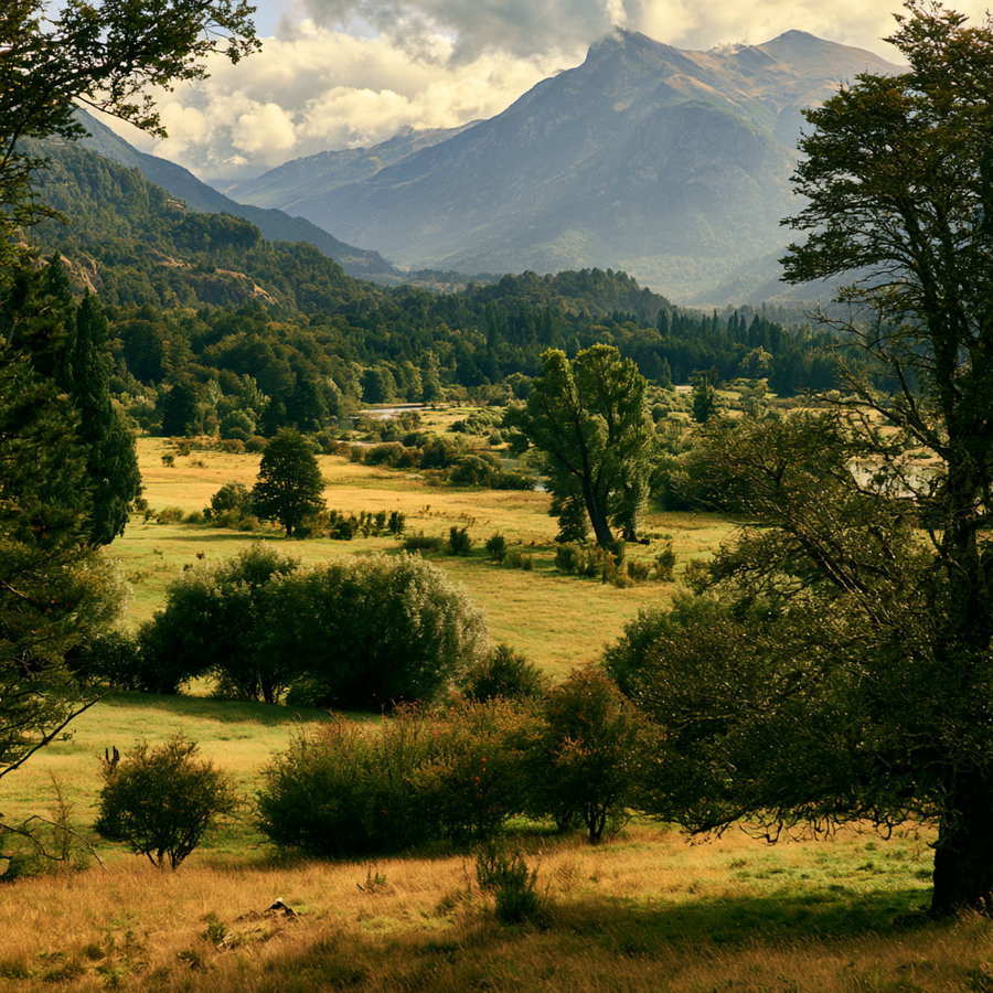A scenic view of a valley with green trees, grassy meadows, and towering mountains in the background under partly cloudy skies