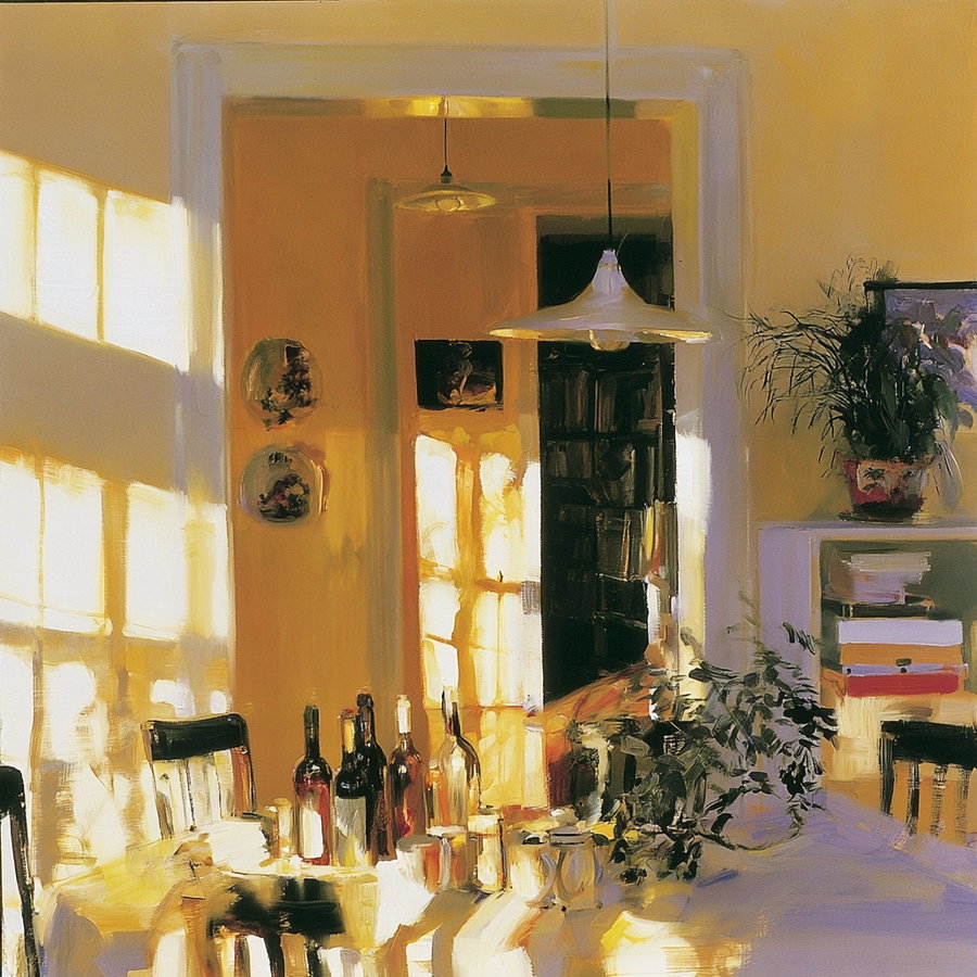 Painting depicting a dining table with bottles of wine, greenery, and glassware illuminated by sunlight through window panes
