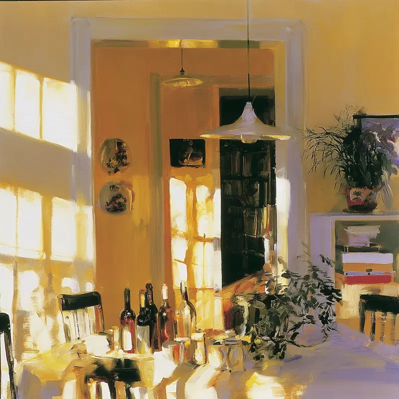 Still life painting of a sunlit dining table with bottles and plants