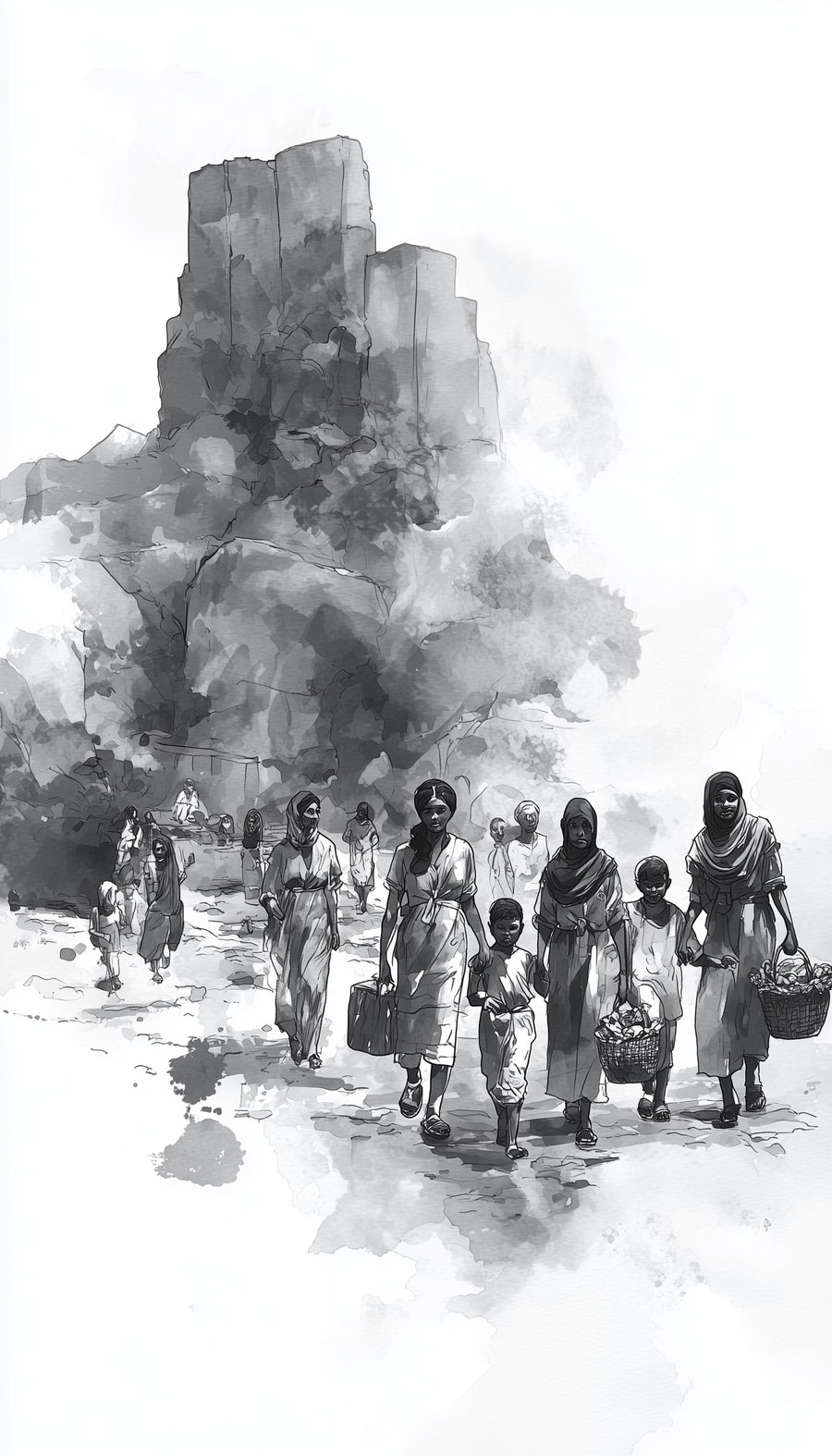 A group of women and children walking along a path near large rock formations, depicted in a black and white watercolor style