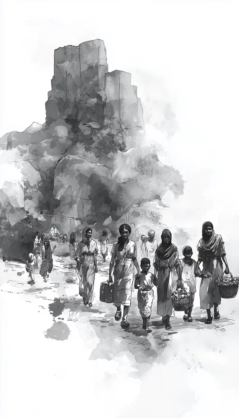 Black and white watercolor style illustration of women and children walking near rocky terrain