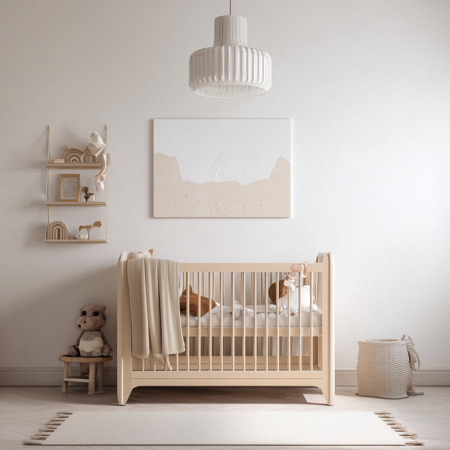 A simple baby nursery with a light wooden crib, soft beige and white abstract wall art, a hanging shelf with decorative items, a stuffed animal on a small stool, and a woven basket all in neutral beige and white tones