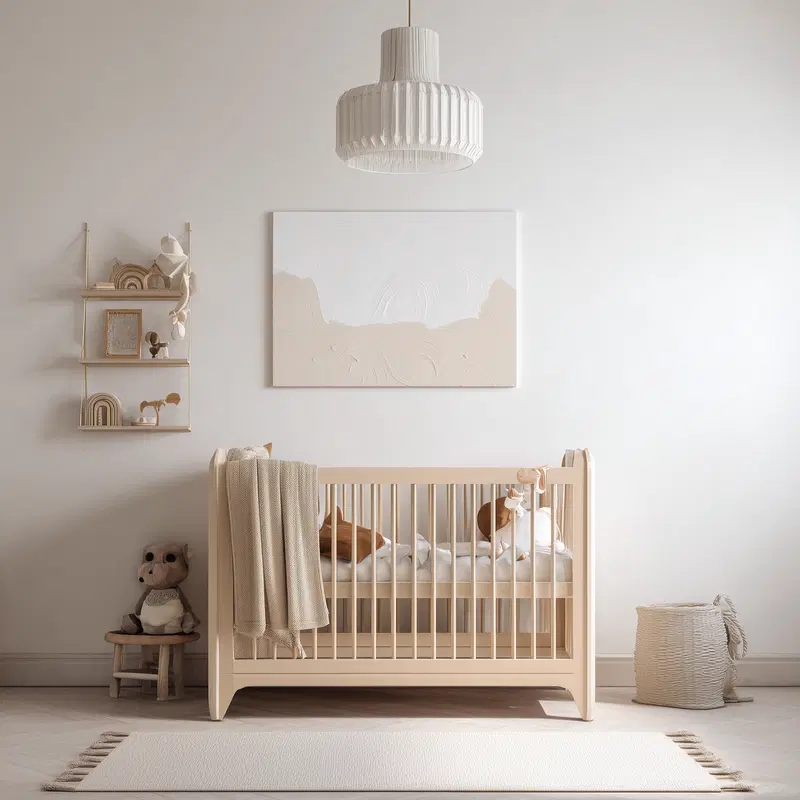Neutral toned nursery room with minimalist wall art and decor