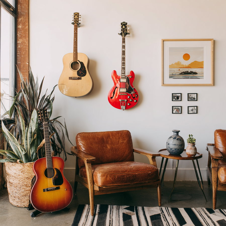 a cozy interior featuring three guitars, two brown leather chairs, a small table with pottery and a plant, a large woven basket with greenery, and framed artwork on a white wall