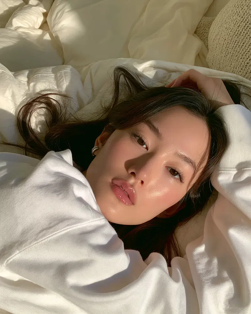 Close-up portrait of a woman lying on a bed with soft natural light