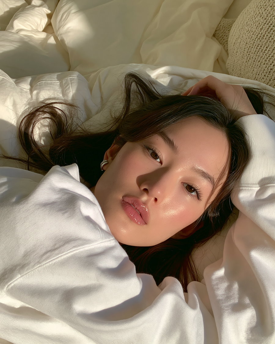 A close-up photo of a woman with long dark hair lying on a cream-colored bed, wearing a white long sleeve top, with her hand resting on her head and soft sunlight illuminating her face.