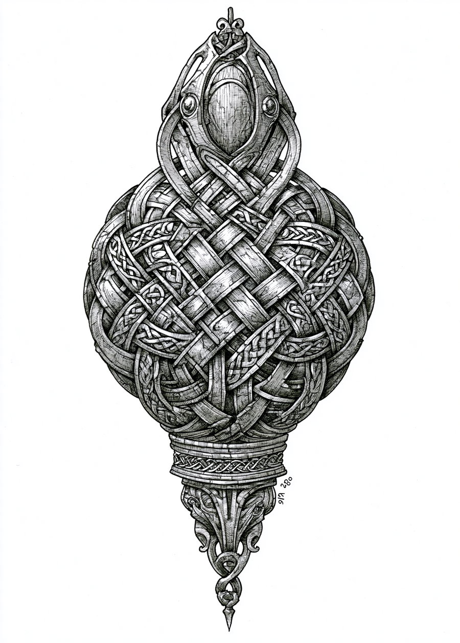 Black and white detailed vintage style drawing featuring complex interwoven Celtic knot patterns with ornamental ends.