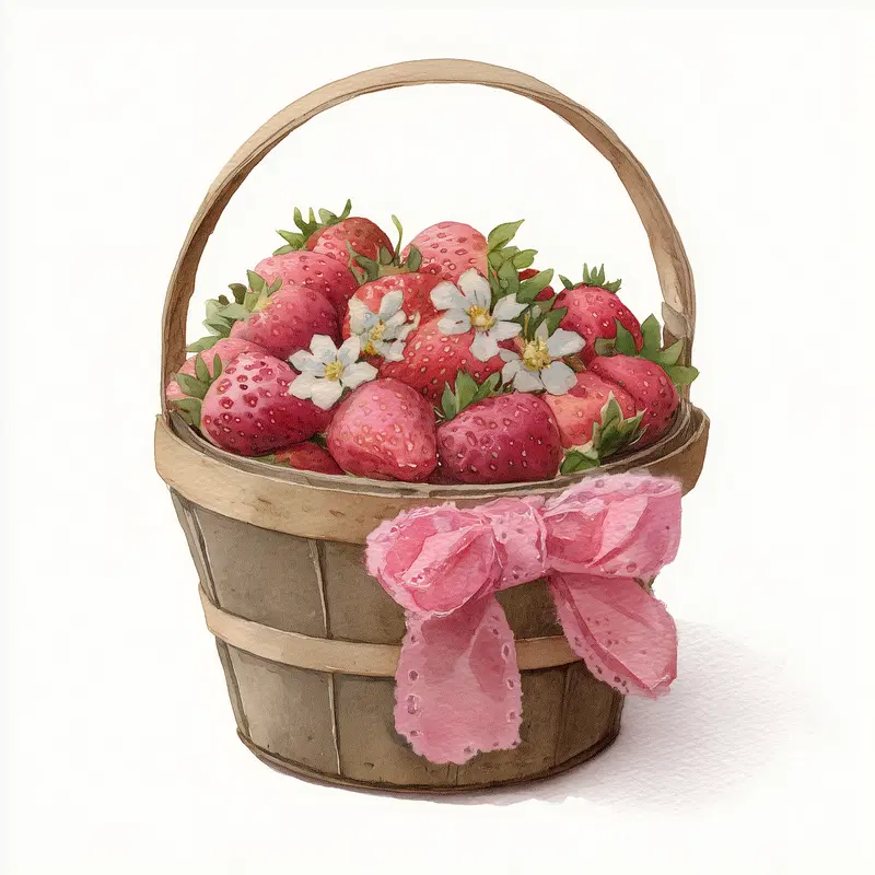 Watercolor illustration of a basket filled with ripe strawberries and white strawberry blossoms decorated with a pink lace ribbon