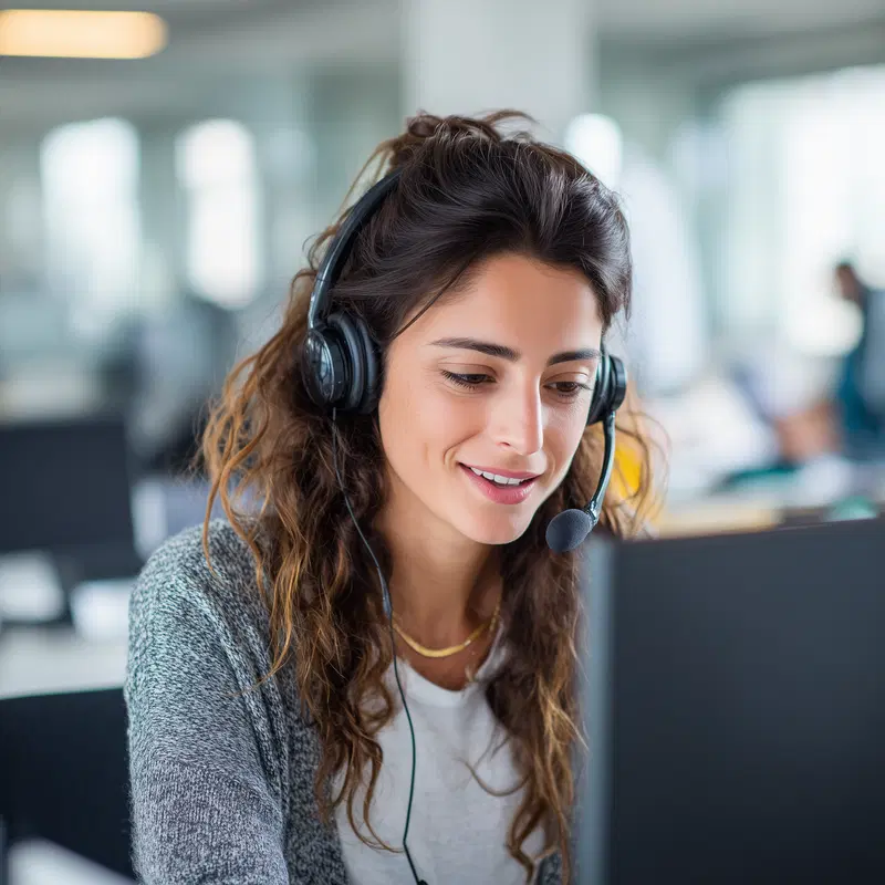 Portrait of a smiling woman wearing a headset in a modern office setting