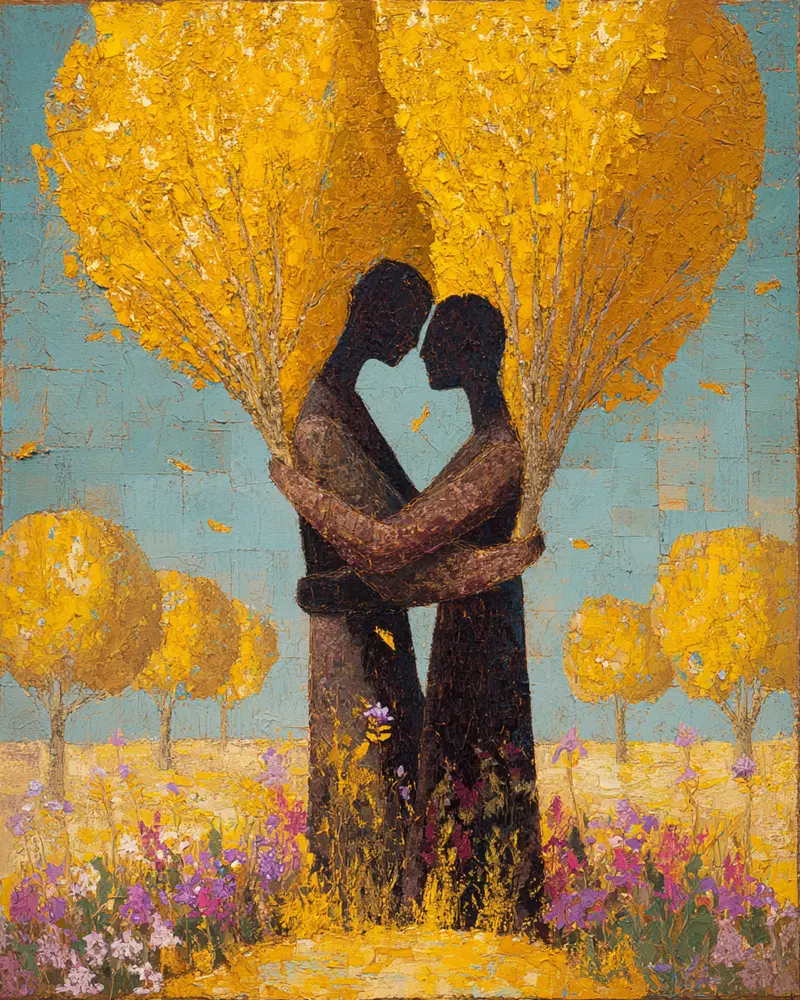 Textured painting of an embracing couple surrounded by golden trees and vibrant flowers