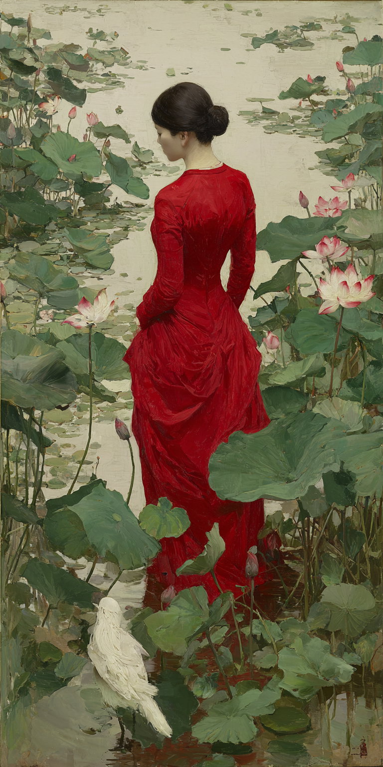 Painting of a woman in a flowing red dress standing in a pond surrounded by green lotus leaves and pink lotus flowers with a white bird near her feet