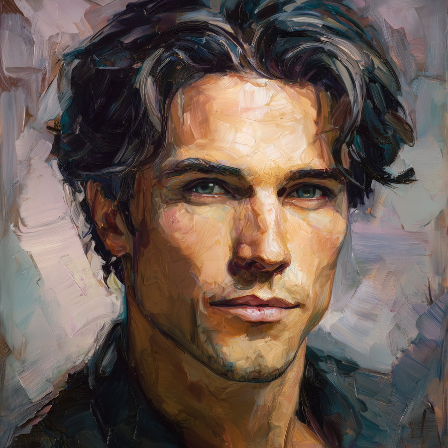 An oil painting portrait of a young man with dark hair and blue-green eyes, rendered with textured, expressive brushstrokes on a muted background