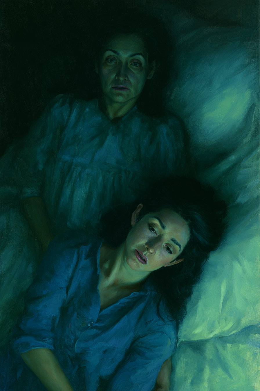 Painting features two women lying down close to each other on pillows, both wearing blue clothing, with dramatic shadows and a dark blue color palette