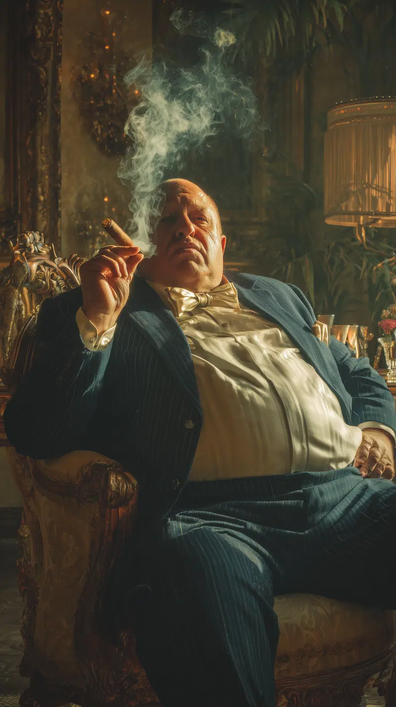 Dignified man in classic European decor smoking cigar in vintage armchair