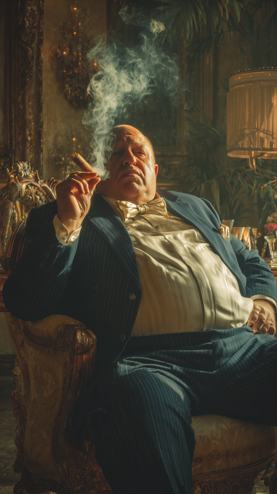 A man wearing a blue pinstripe suit and golden bow tie sitting in an ornate vintage armchair, smoking a cigar with smoke rising around his face, surrounded by classical European-style interior decor with warm lighting.