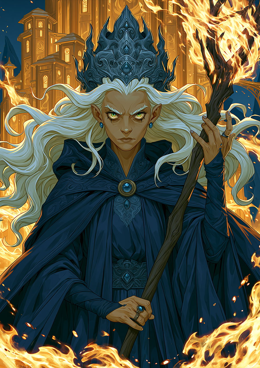Illustration of a serious woman with long white hair, dark ornate crown, and cloak, holding a staff with flames, set against a backdrop of a glowing castle.