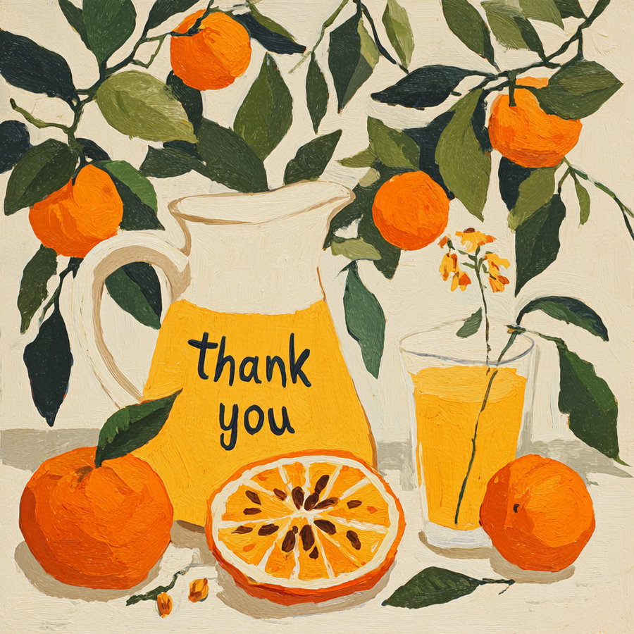 Oil painting of a pitcher filled with orange juice that has the words thank you on it, surrounded by whole and half oranges with green leaves, and a glass of orange juice with a small flower inside