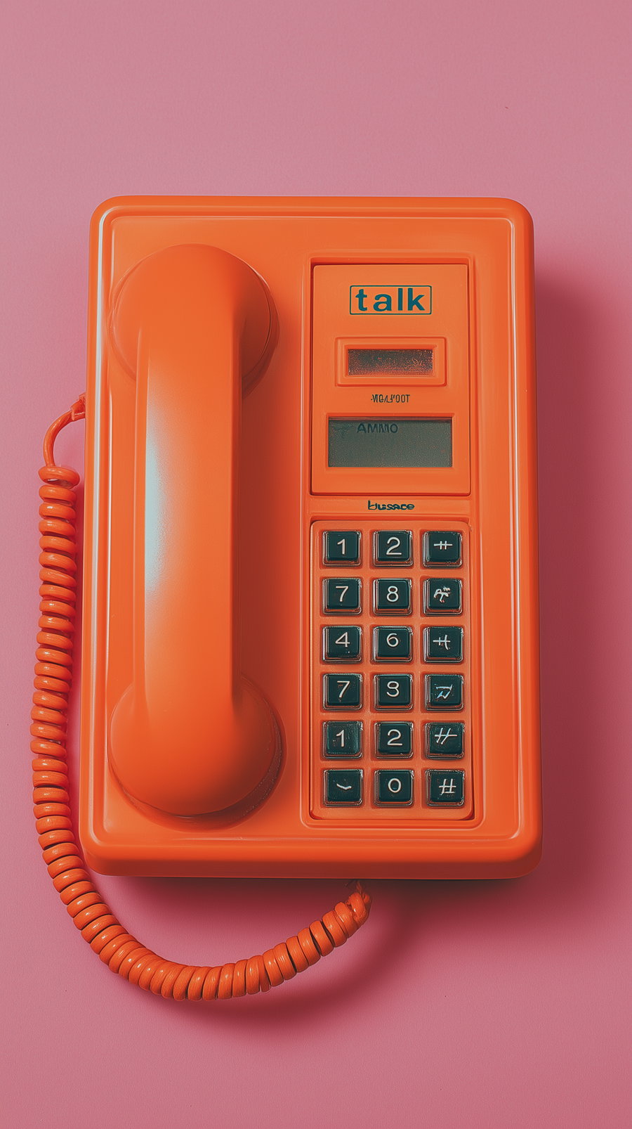 A bright orange vintage-style telephone with a corded handset laid on a pink surface