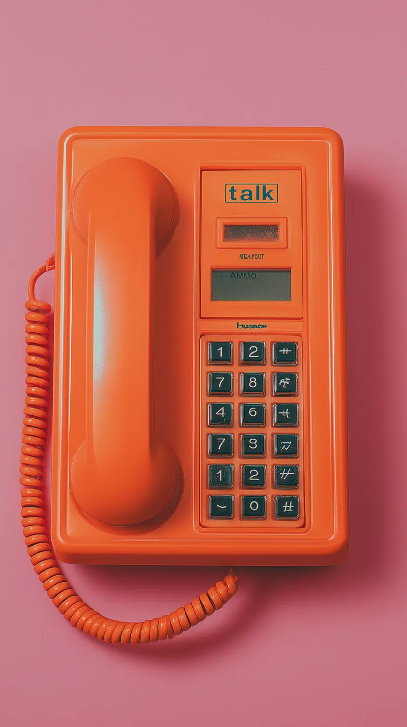 Bright orange retro vintage telephone on a pink surface