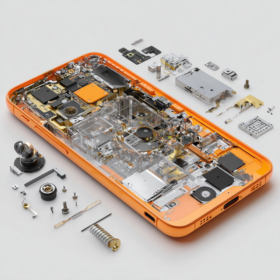 Orange smartphone with transparent case showing inner electronic parts and many small components and screws placed around it on a white surface