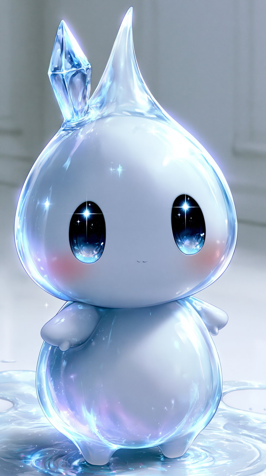 A shiny, translucent, and cute character with sparkling star-like eyes standing on a reflective liquid surface with a soft blurred background.