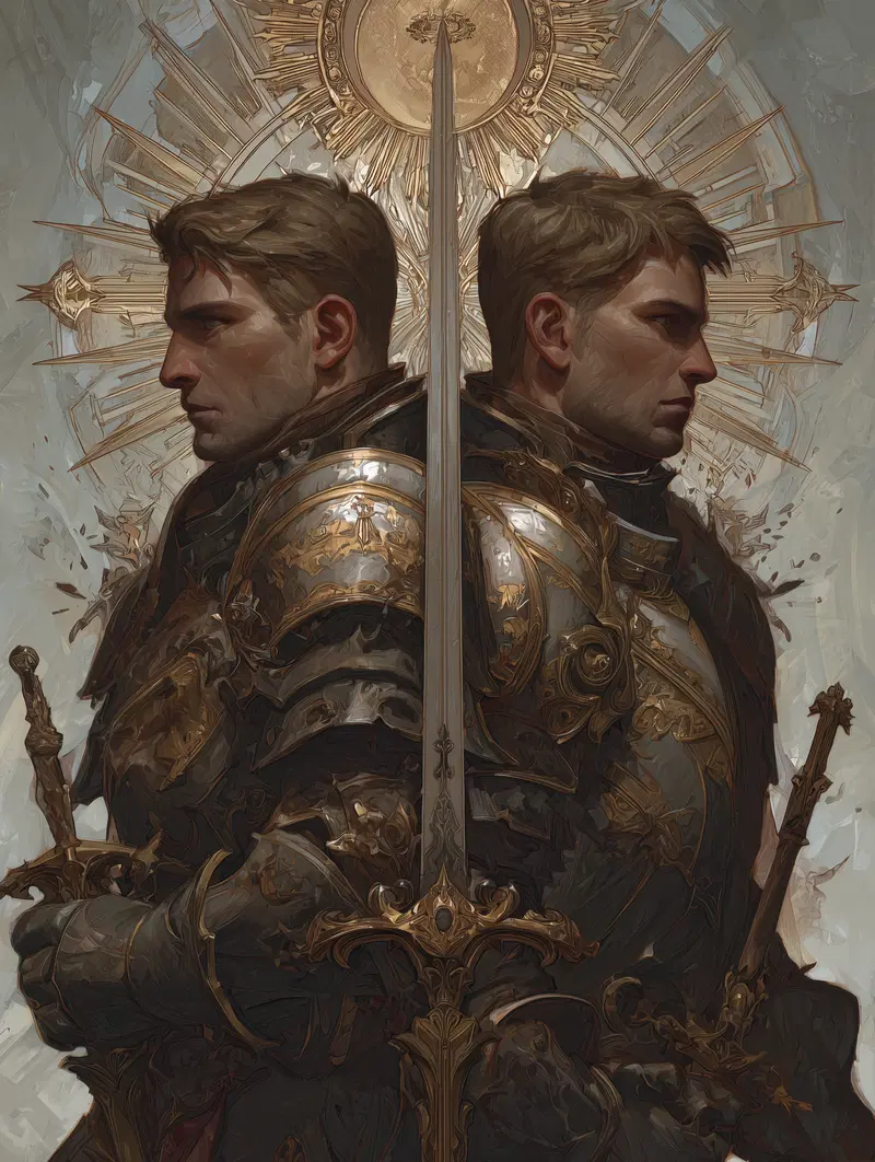 Detailed Classic European Decor Art Depicting Twin Knights in Ornate Armor