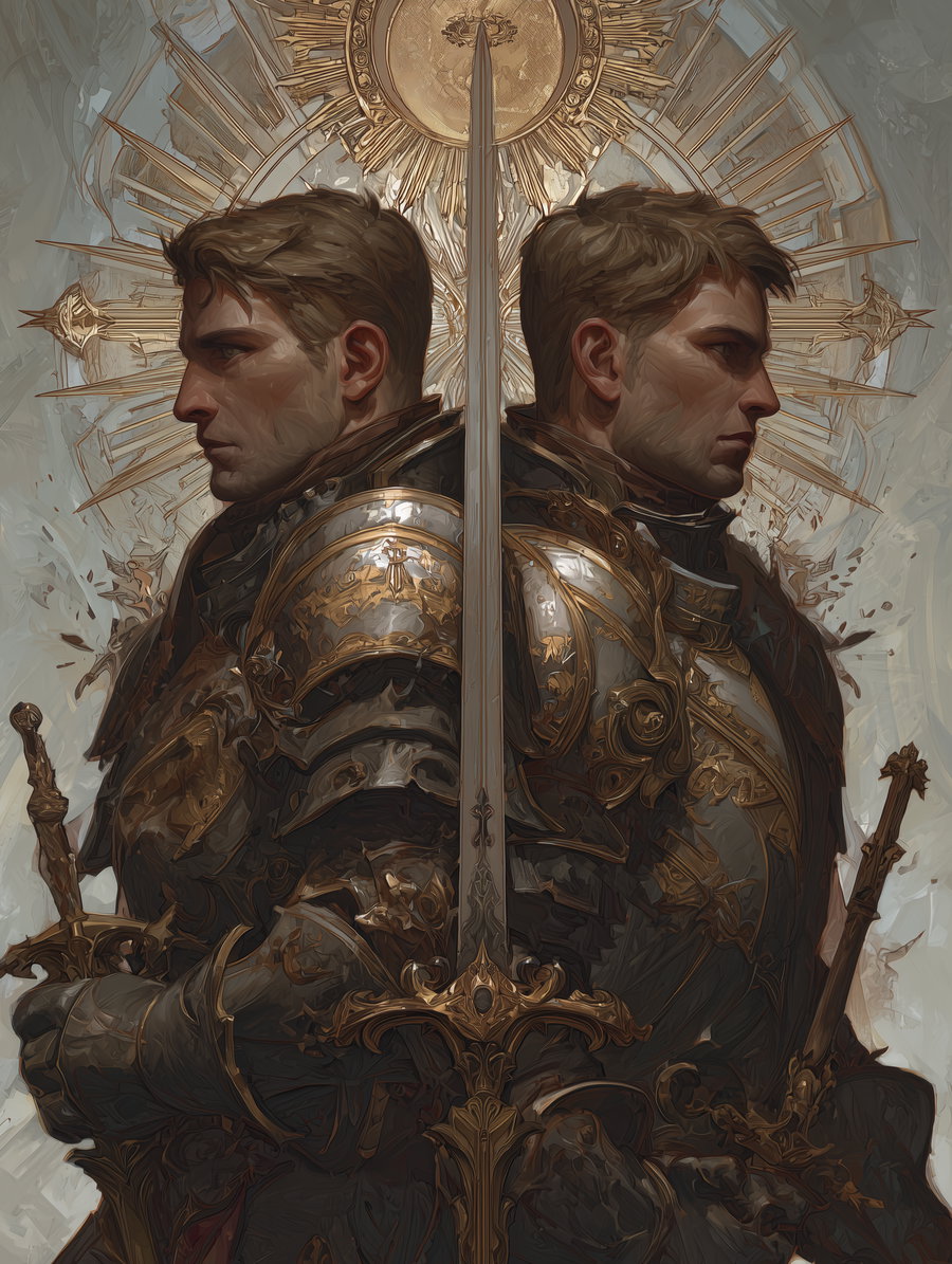 Illustration showing two men dressed in ornate classic European armored suits, positioned back to back with a large decorative sword centered between them and a radiant sunburst design behind.