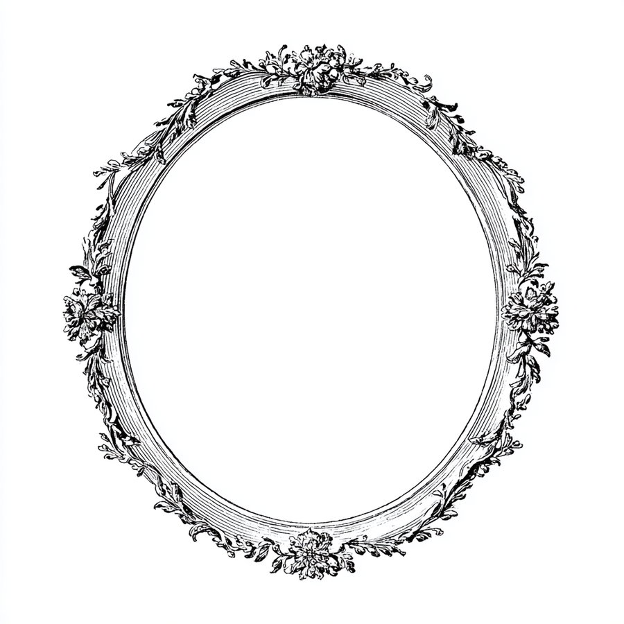 Black and white vintage oval frame adorned with detailed floral and leaf decorations