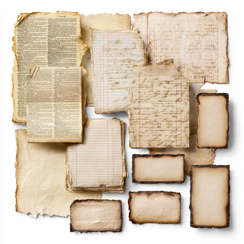 Collection of aged vintage paper and documents with burnt edges