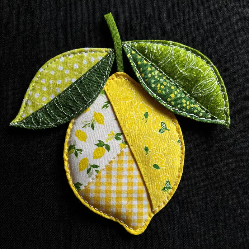 Colorful fabric art patch shaped like a lemon with green leaves