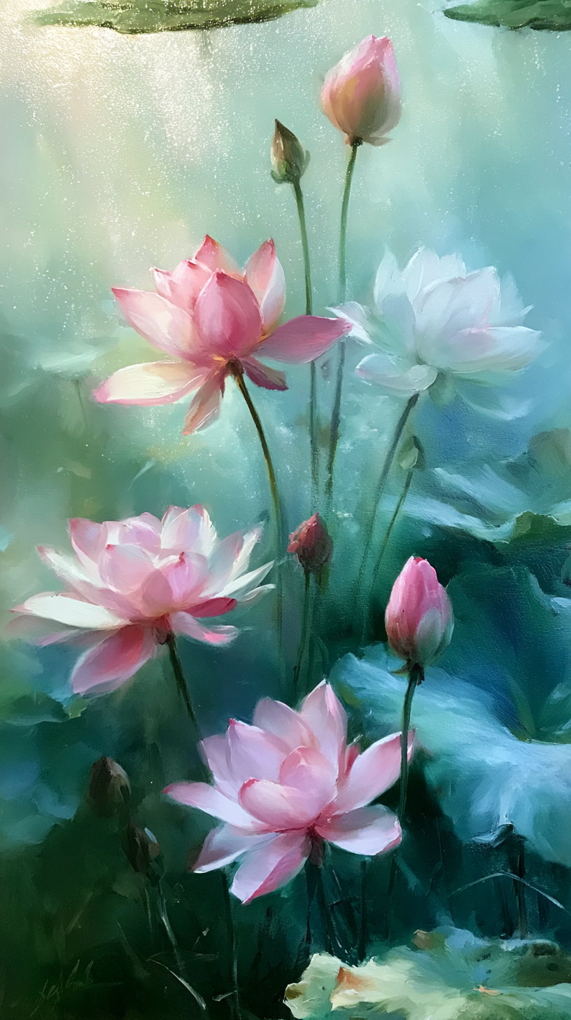 A painting depicting several pink and white lotus flowers with green leaves against a soft blue-green background