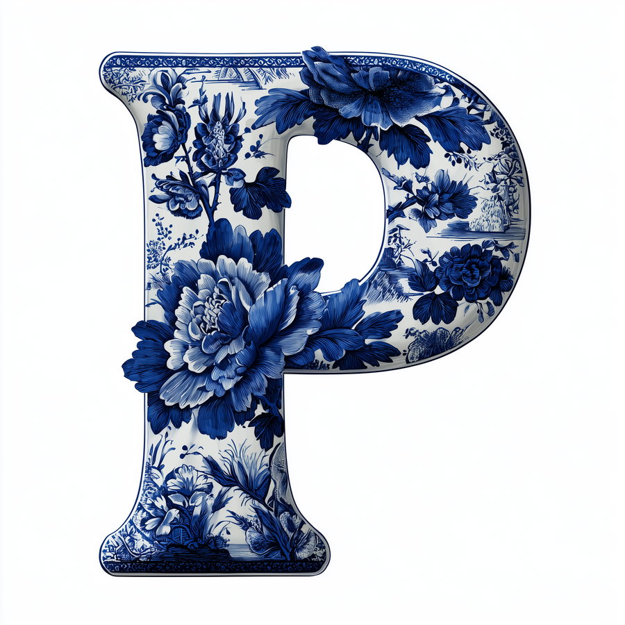 Decorative letter P with intricate blue floral and botanical patterns on white background