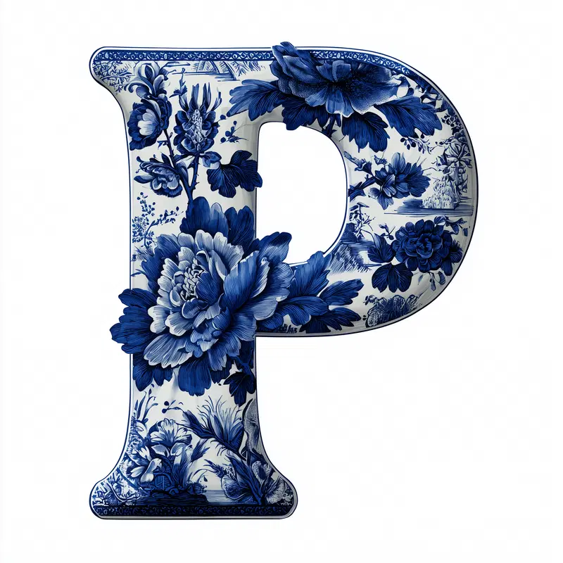 Blue floral decorative letter P in vintage botanical print style