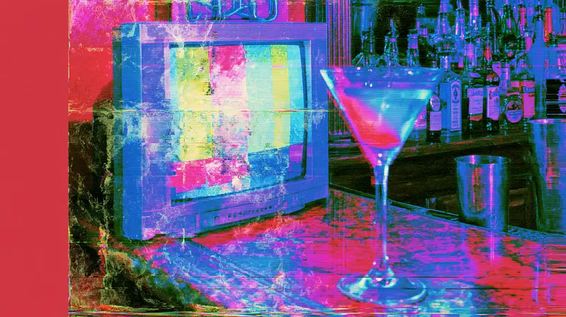 Moody bar scene with a retro TV and a colorful cocktail on the counter