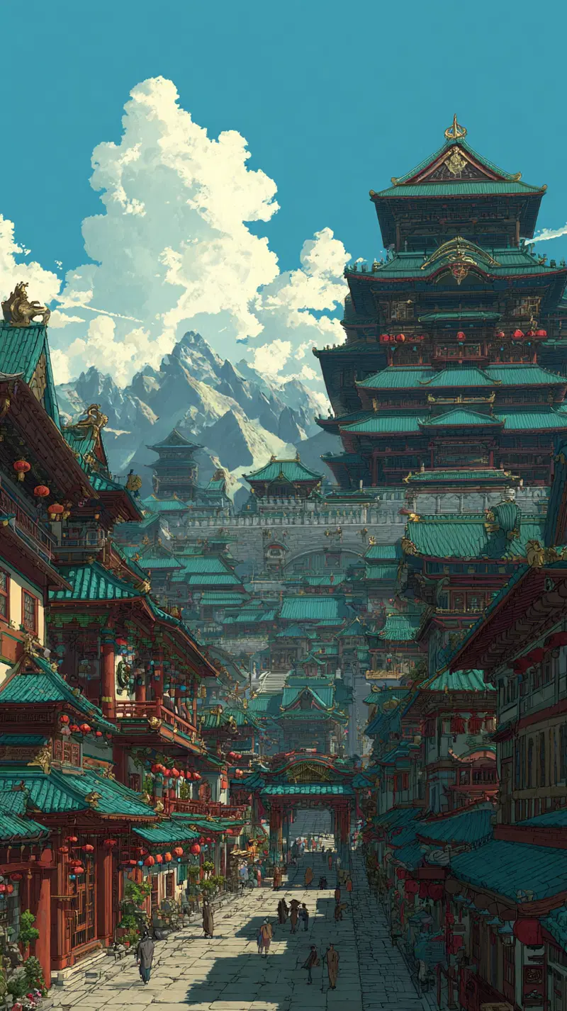 Intricate classic Asian inspired architecture nestled in mountain valley under clouds