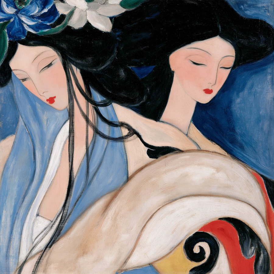 An artistic painting of two women with long black hair, one adorned with blue and white flowers, wearing flowing garments in blue, white, and beige tones, set against a deep blue background