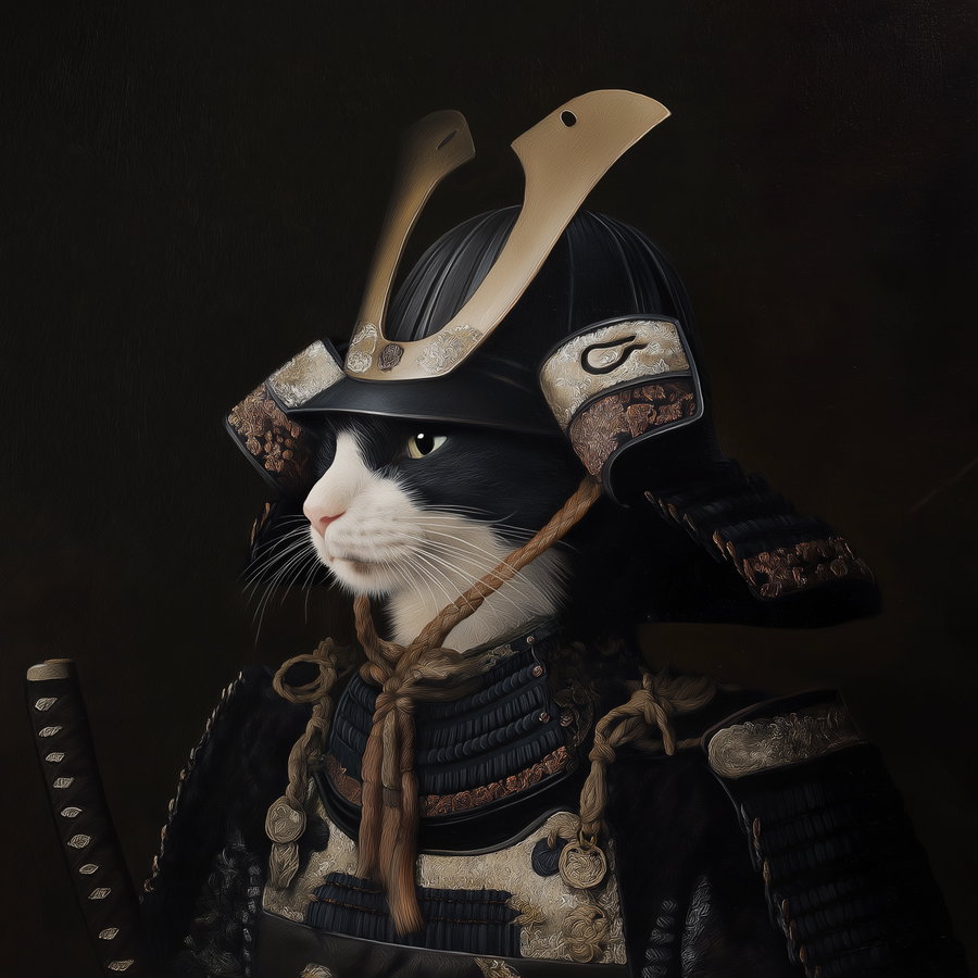 A black and white cat wearing a detailed samurai helmet and armor against a dark background