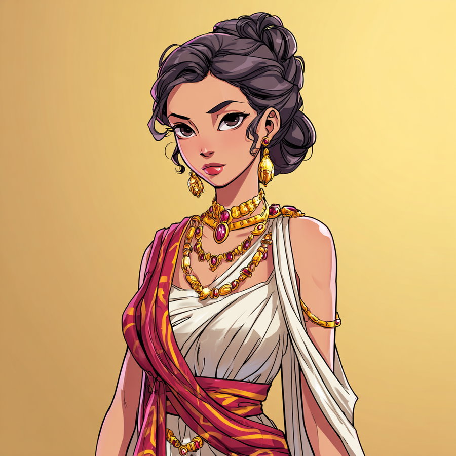A digital illustration of a woman with dark hair styled up, wearing gold and ruby jewelry including earrings, necklaces, and an arm bracelet, dressed in white draped fabric with a red and gold sash.