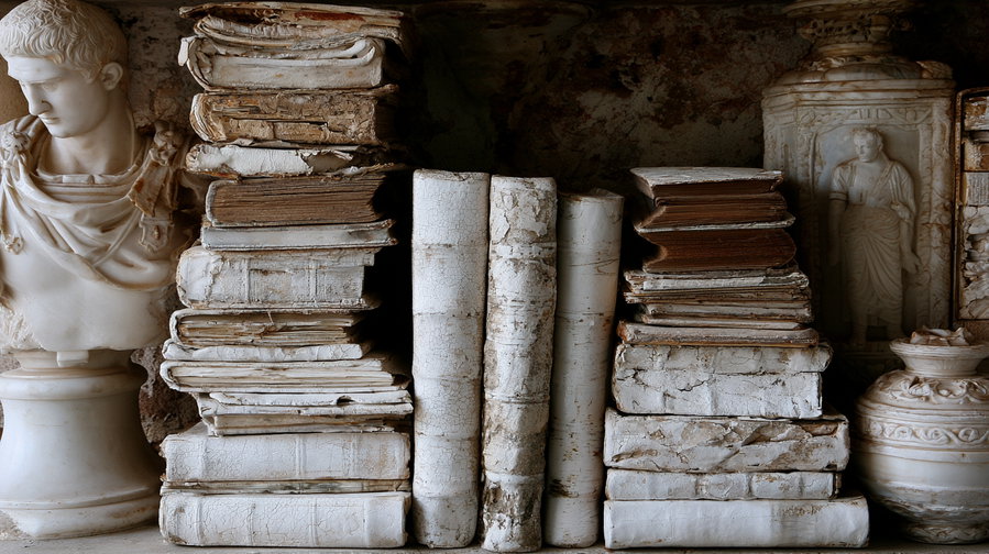 Multiple stacks of old, cracked, and worn books placed between two classical white marble bust sculptures against a textured rustic wall