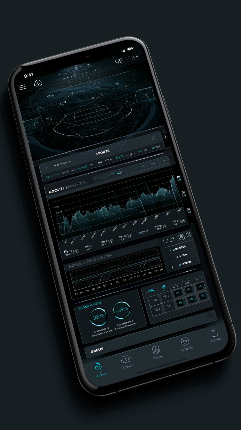 A smartphone screen displaying a dark-themed user interface with various charts, graphs, and data analytics related to sports.