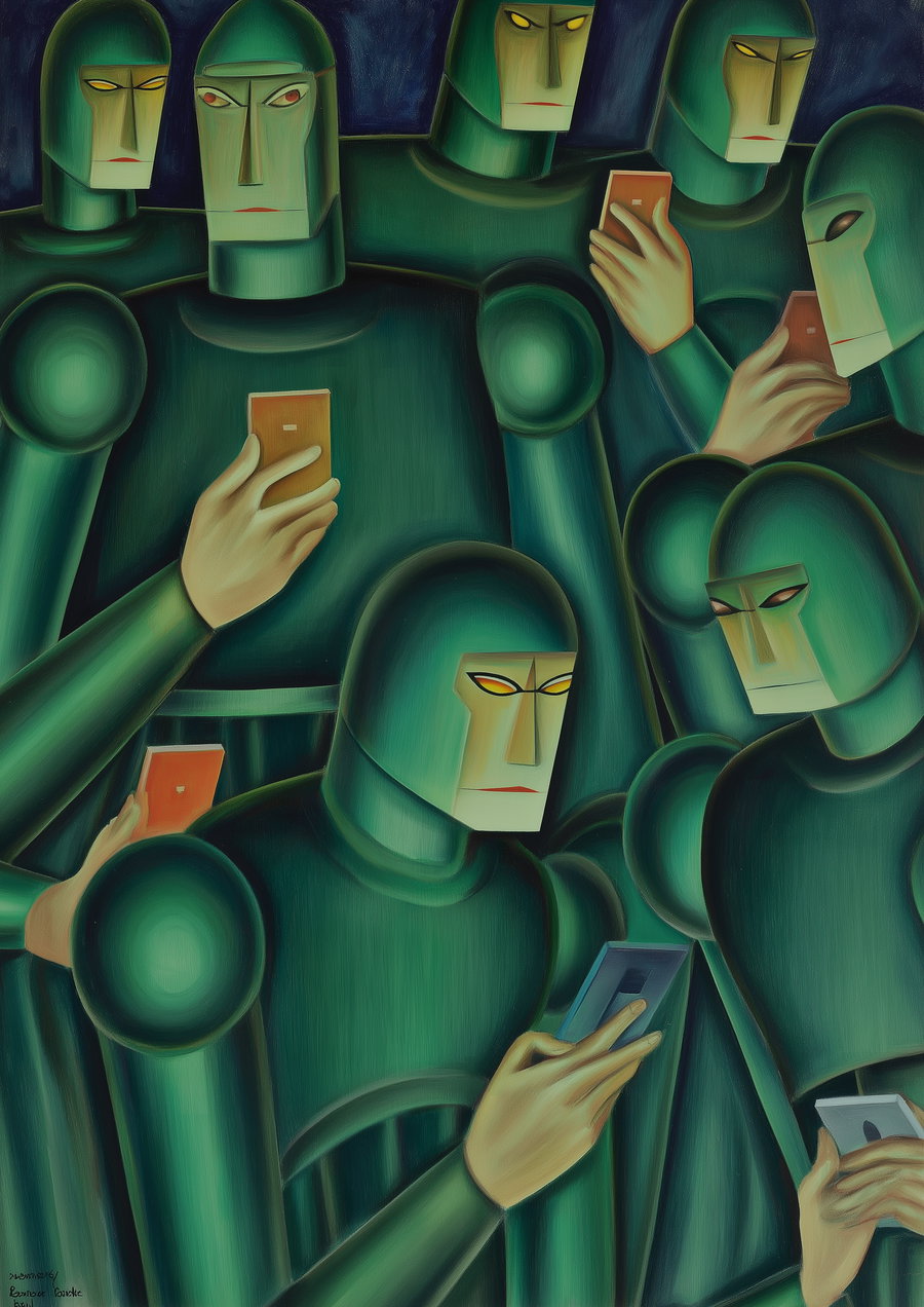 Painting depicting multiple green robotic humanoid figures holding and looking at smartphones in a dark, blue background
